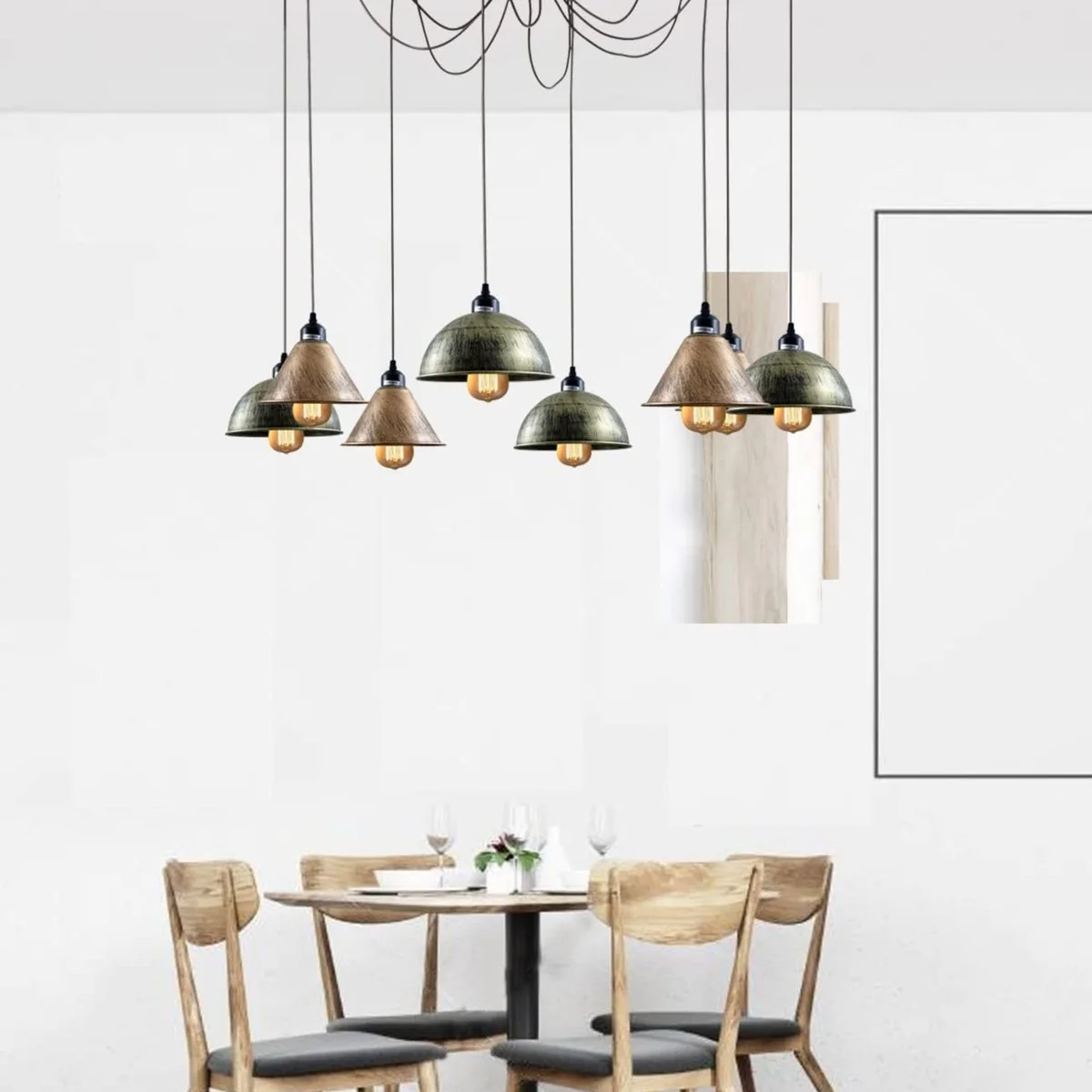 8 head chandelier with adjustable cables and varied metal wire cage shades hanging from a ceiling rose