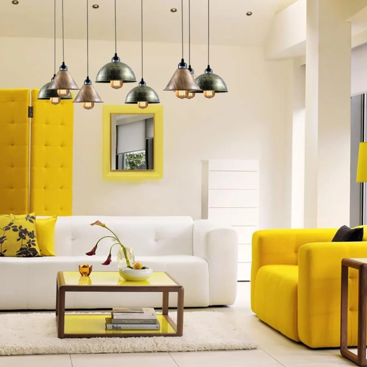 8 head chandelier with adjustable cables and varied metal wire cage lampshades in a spider design hanging from ceiling rose