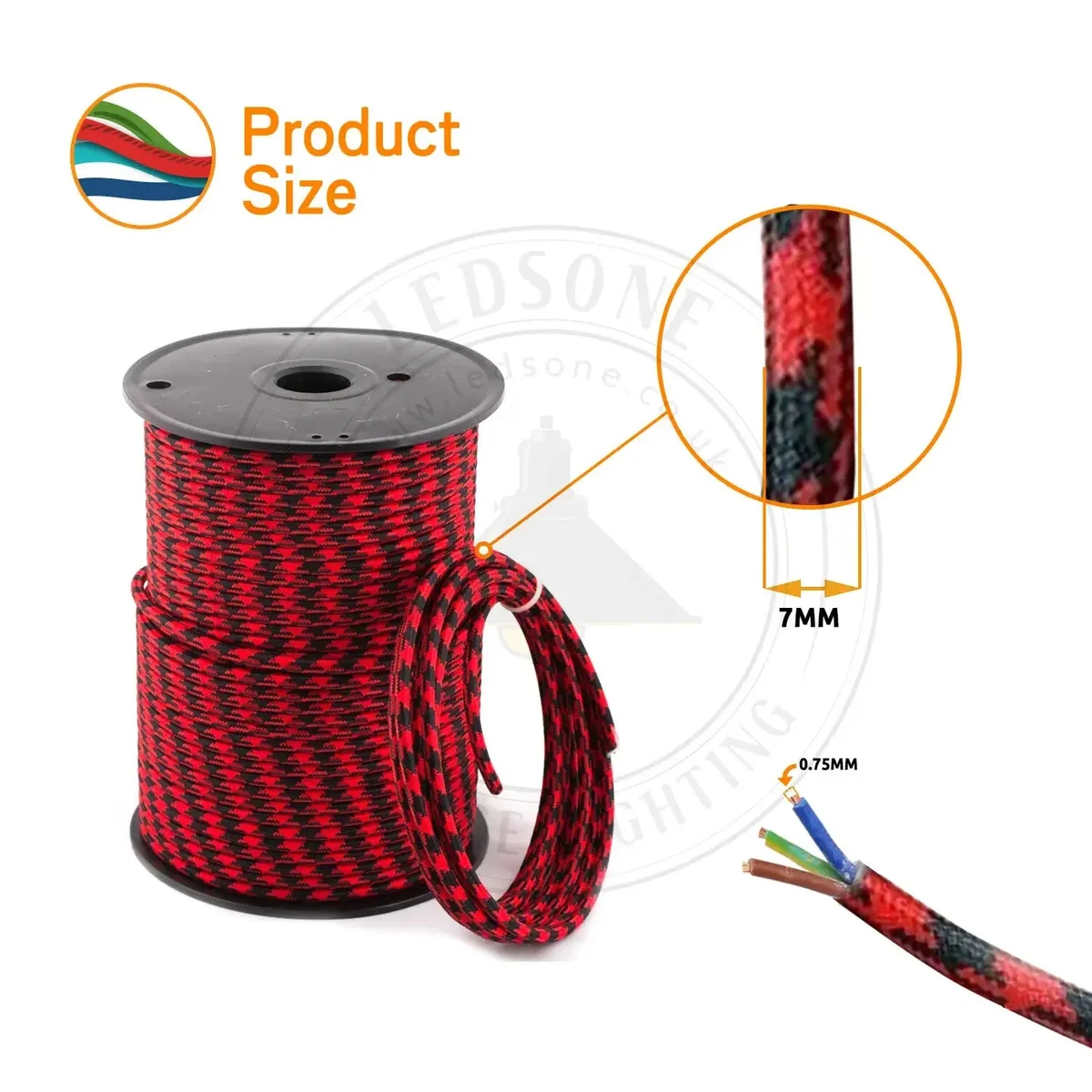 Light green 3 core round cable with Italian braided fabric finish, flexible and double insulated for indoor use.