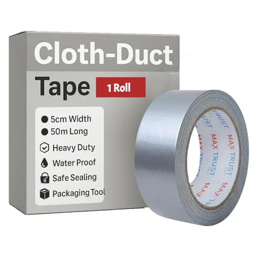 Roll of cloth gaffer tape, 5cm wide, 45m long, glossy finish, showing the tape’s pressure‑sensitive natural rubber adhesive.