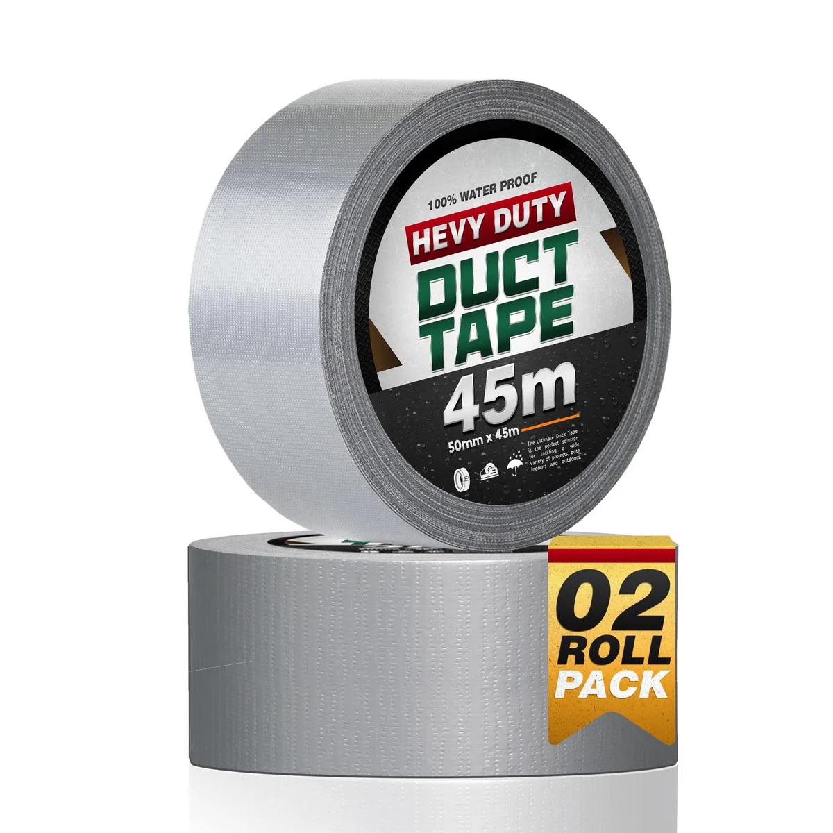 Large roll of 5 cm wide cloth gaffer tape, glossy finish, 45 m length shown.