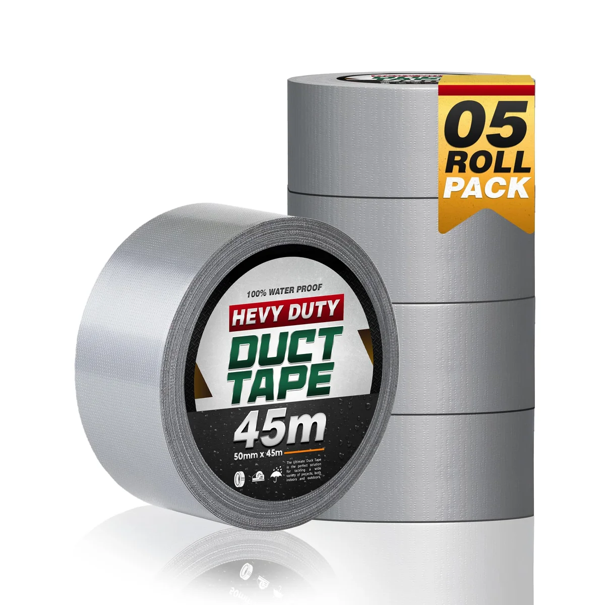 Cloth gaffer tape roll, 5cm wide, 45m long, glossy finish.