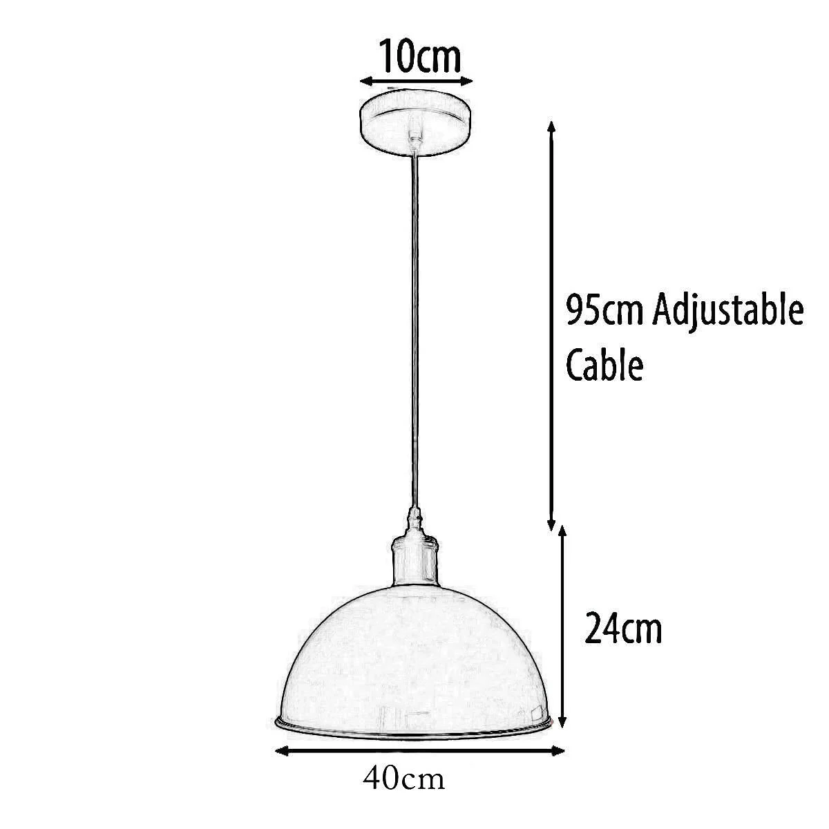 Black 40cm vintage industrial pendant with large metal dome shade hanging from adjustable 95cm cord against white background