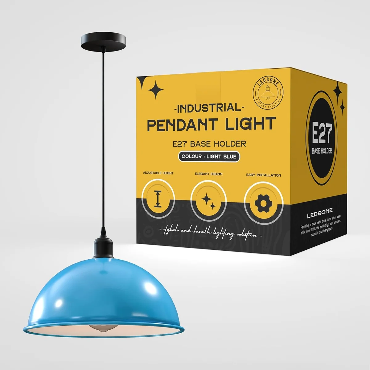 Black metal pendant lamp with 40cm dome shade hanging from adjustable 95cm cord in industrial warehouse style