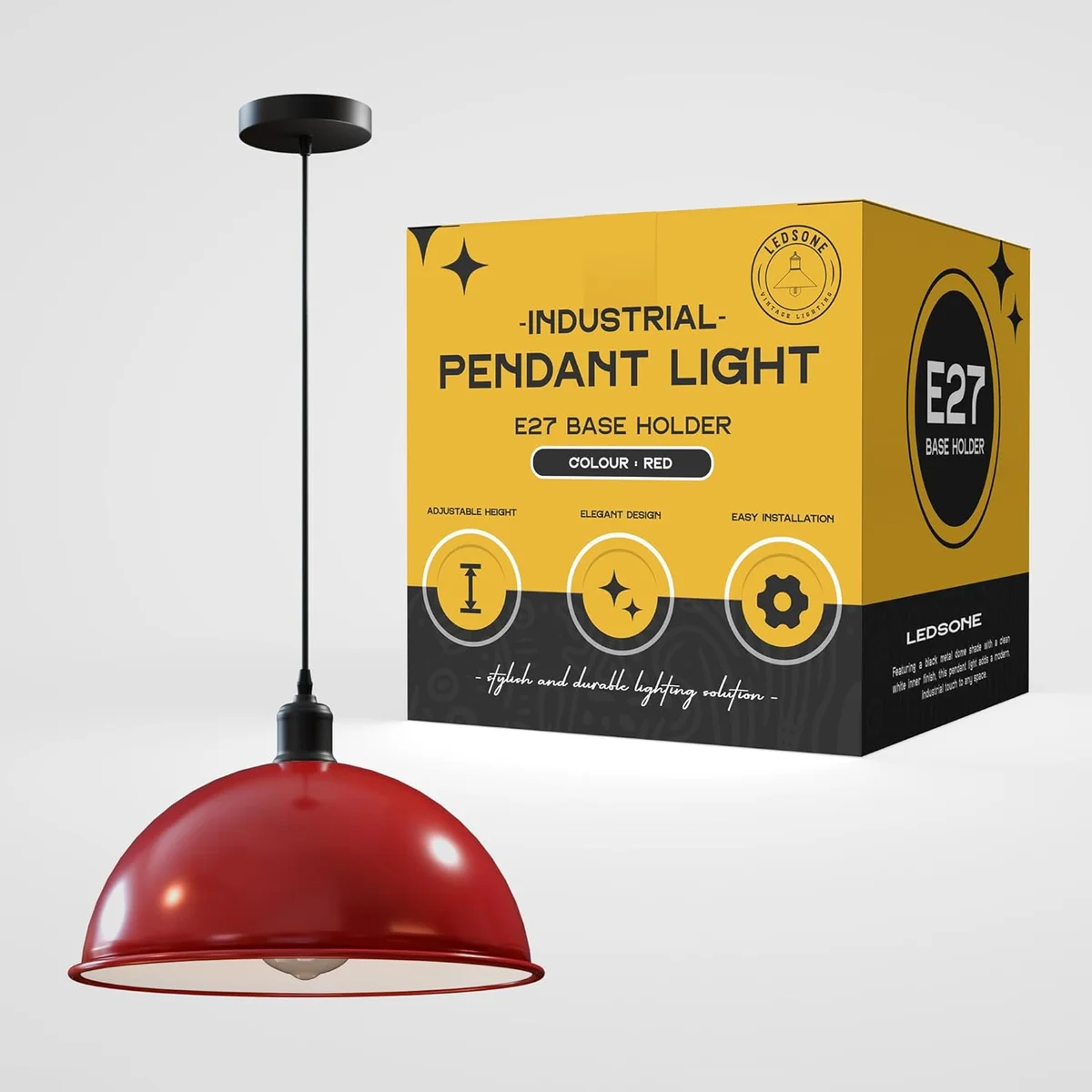 Black 40cm large pendant light with smooth metal dome shade and adjustable 95cm hanging cord against white background
