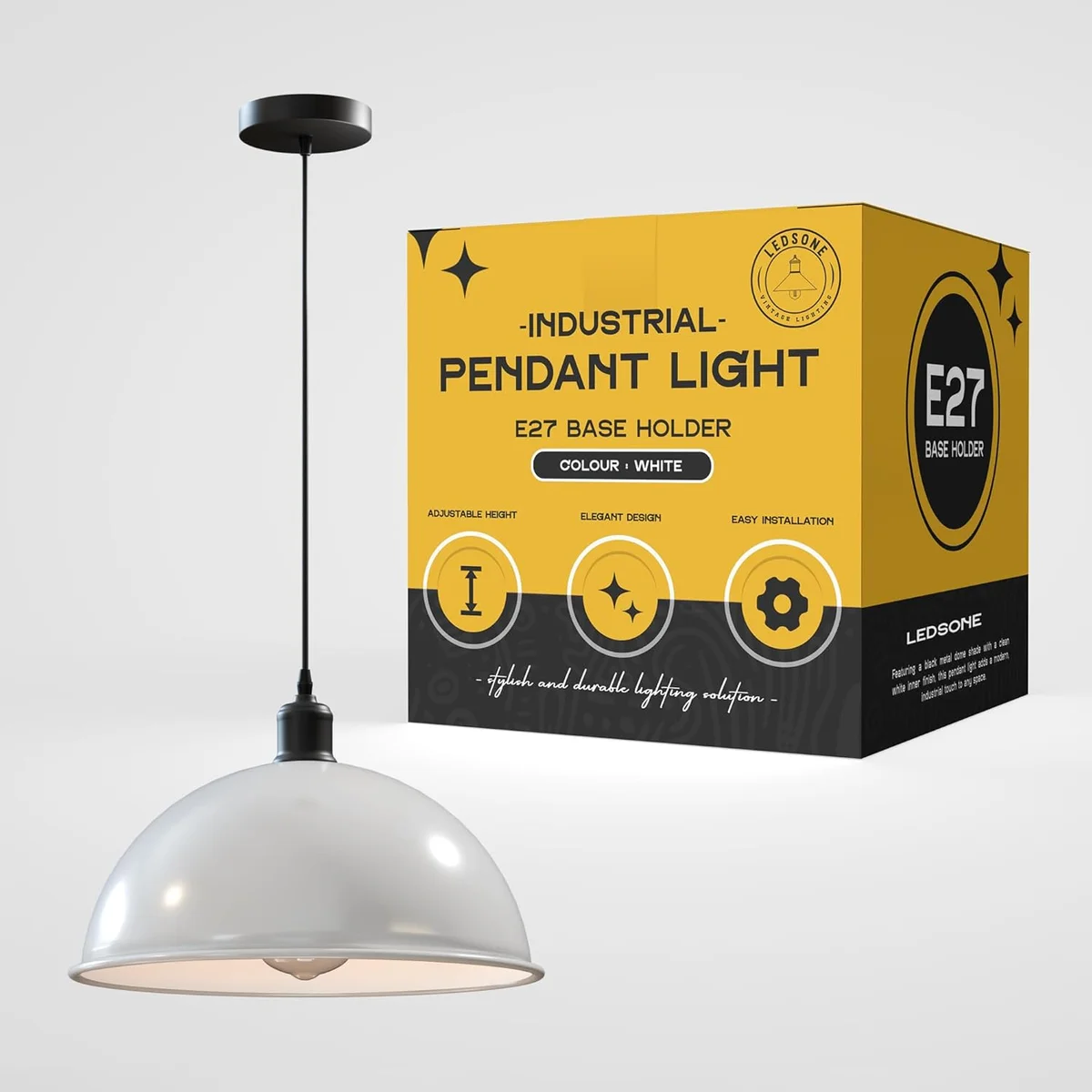 Large black metal dome large pendant light with adjustable hanging cord, ideal for industrial or vintage interiors