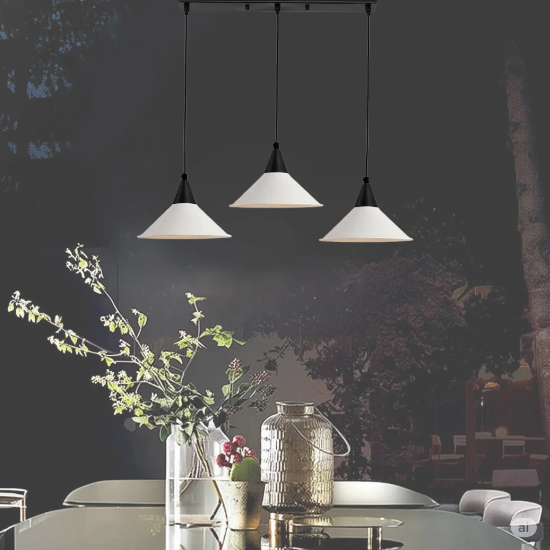 Modern 3 head multi colour ceiling light with angled dome shades in red, green, and blue on metal fixtures