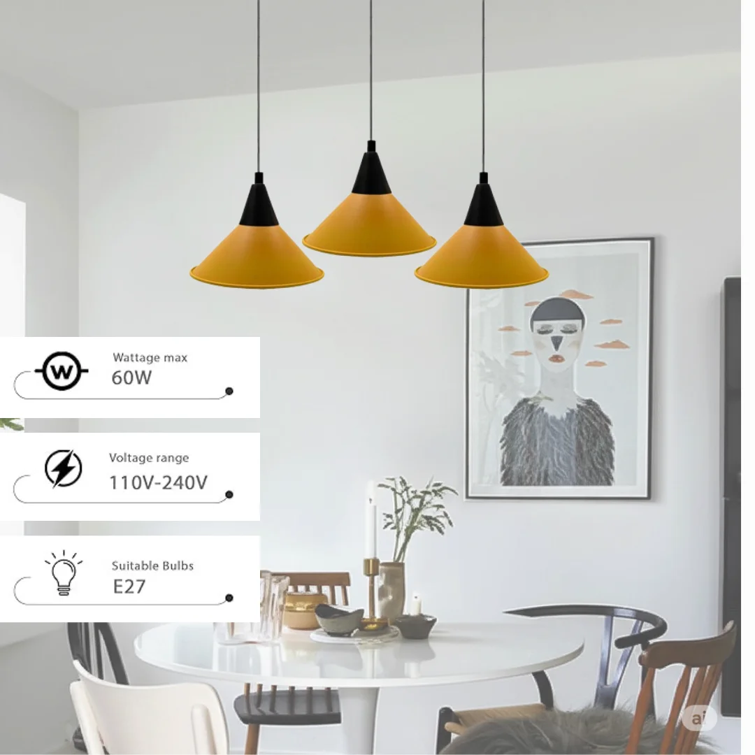Modern 3 head pendant lighting fixture with multicolour metal shades in red, green, and blue, angled for sloped ceilings