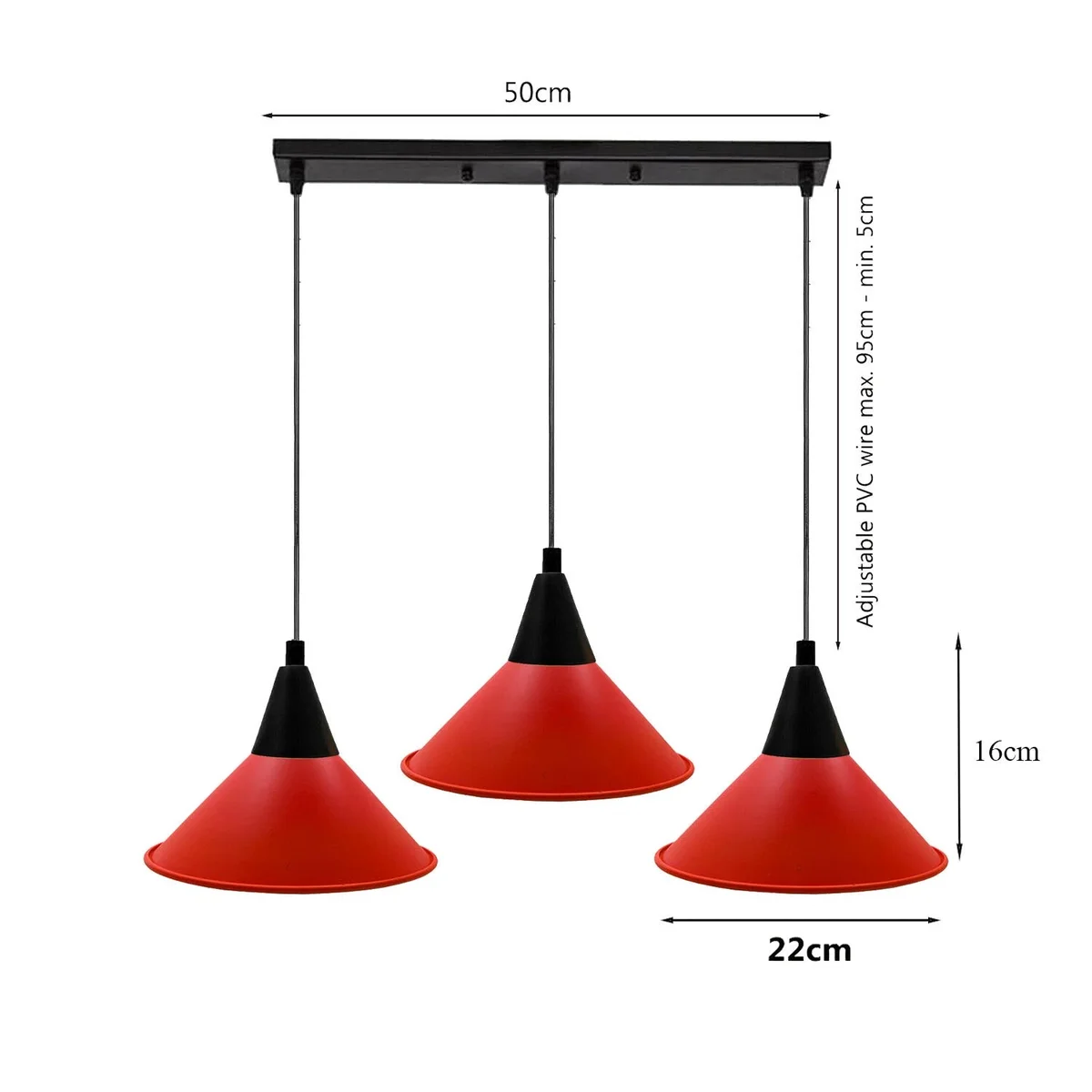 Three head multi-colour E27 bulb pendant light with angled metal shades in red, green, and blue on a ceiling mount