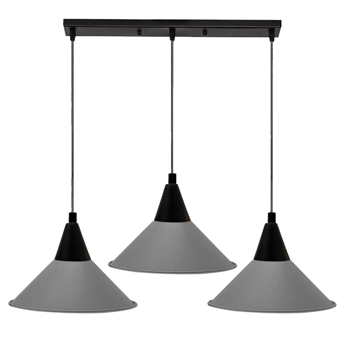 Modern ceiling pendant light with three multicolored dome shades and adjustable angled metal fixtures hanging from ceiling plate