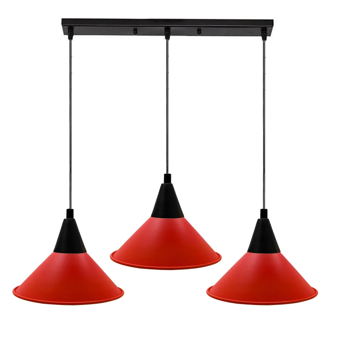 Modern ceiling pendant light with three colorful dome shades in red, green, and blue, angled for sloped ceilings