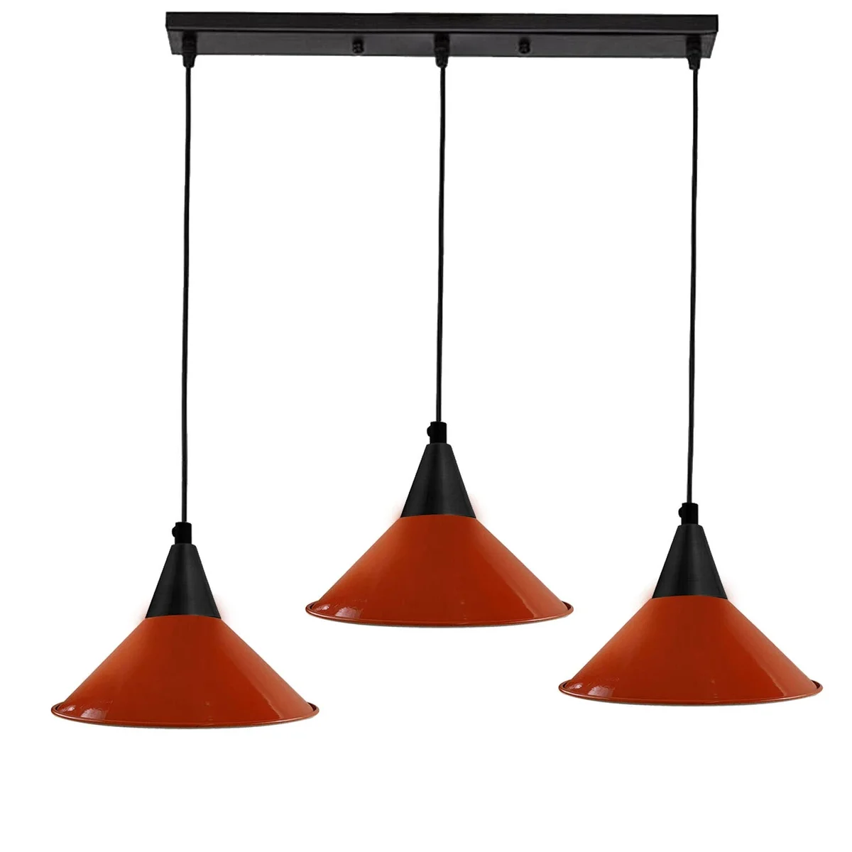 Modern ceiling pendant light with three multicolour dome shades and adjustable angled metal arms on a ceiling plate
