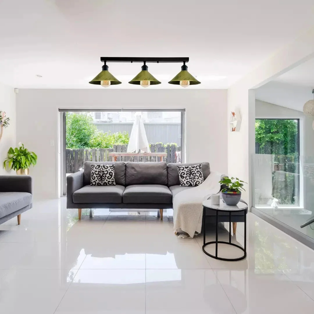Industrial ceiling light with three metal lampshades in rustic red, mounted on a round ceiling rose, E27 bulbs not included