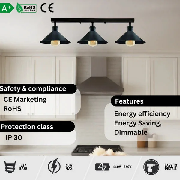 Three-headed metal loft light ceiling fixture with rustic red lampshades and brushed silver metal finish, E27 bulbs not included