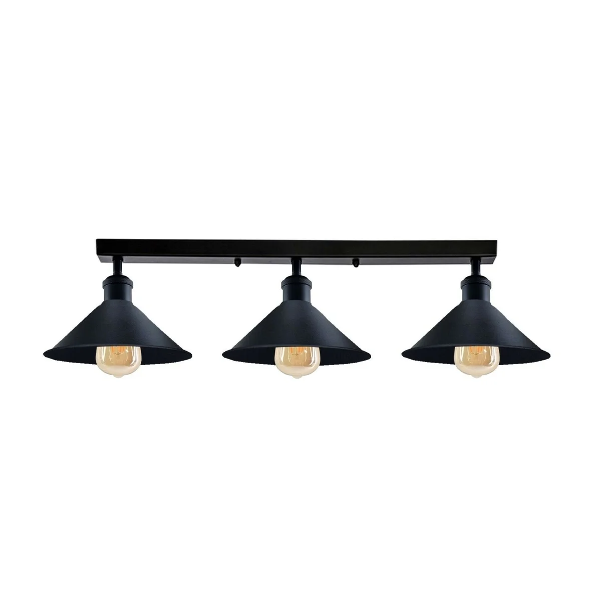 Industrial 3 head metal dimmable ceiling light with rustic red shades and brushed silver finish, ceiling mounted design