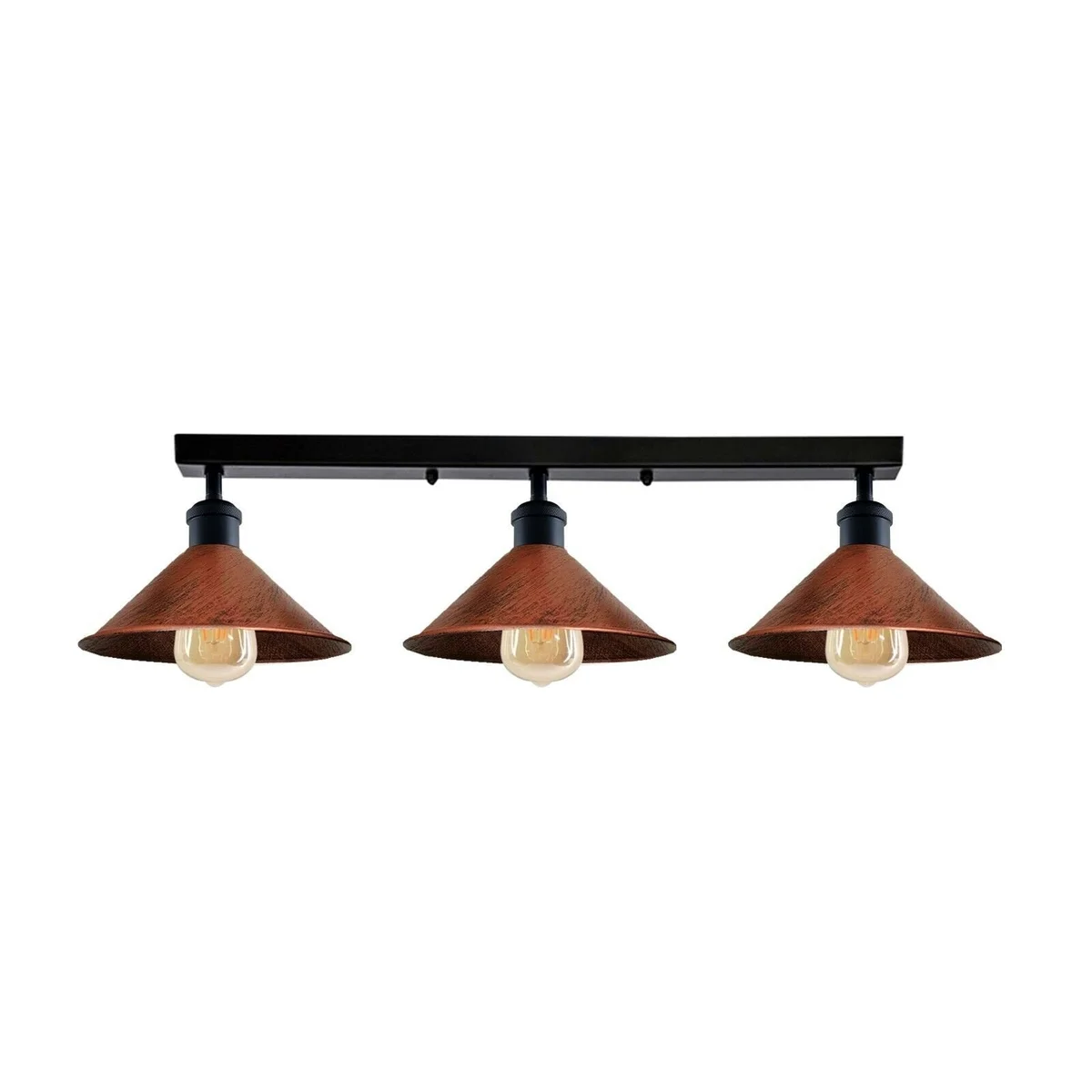 Industrial ceiling light with three rustic red metal lampshades and brushed silver ceiling rose, E27 bulbs not included