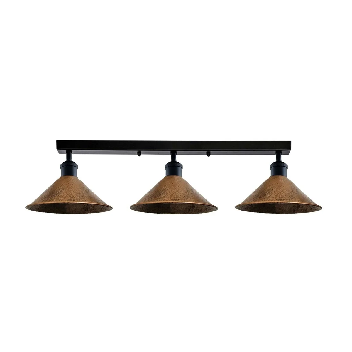 Industrial ceiling light with three metal lampshades in rustic red, mounted on a 50cm ceiling rose, E27 bulbs not included