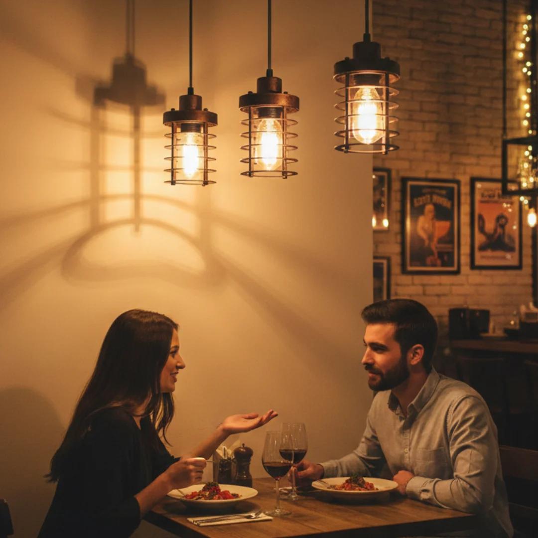 Industrial pendant light with three black metal cylinder cage shades hanging at adjustable heights against a white background