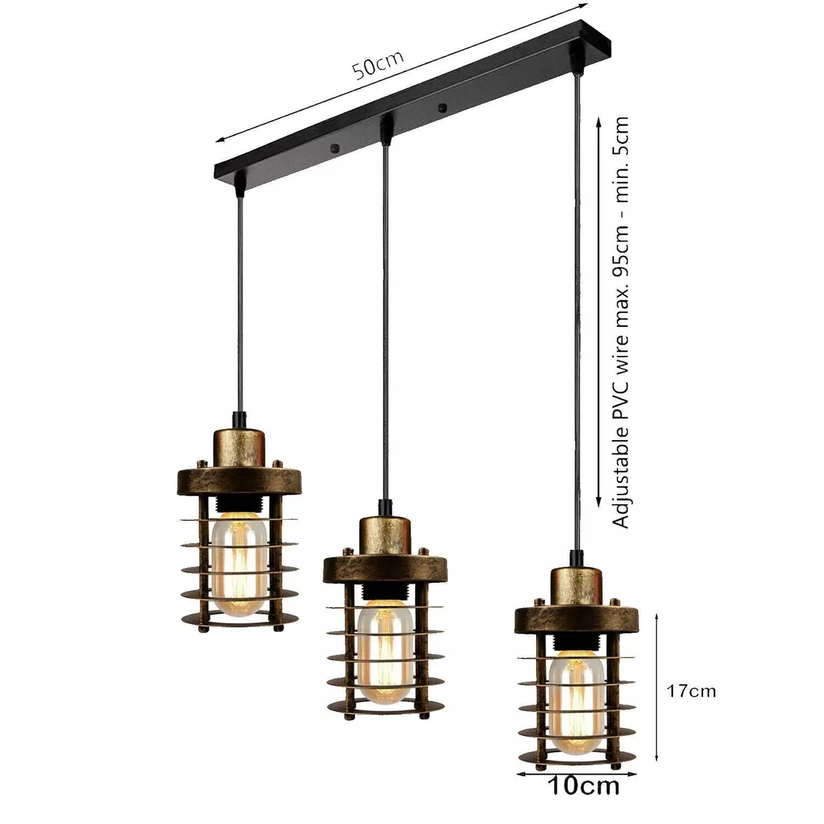 Industrial 3-way black metal cage pendant light with adjustable cables and exposed bulbs hanging against white background