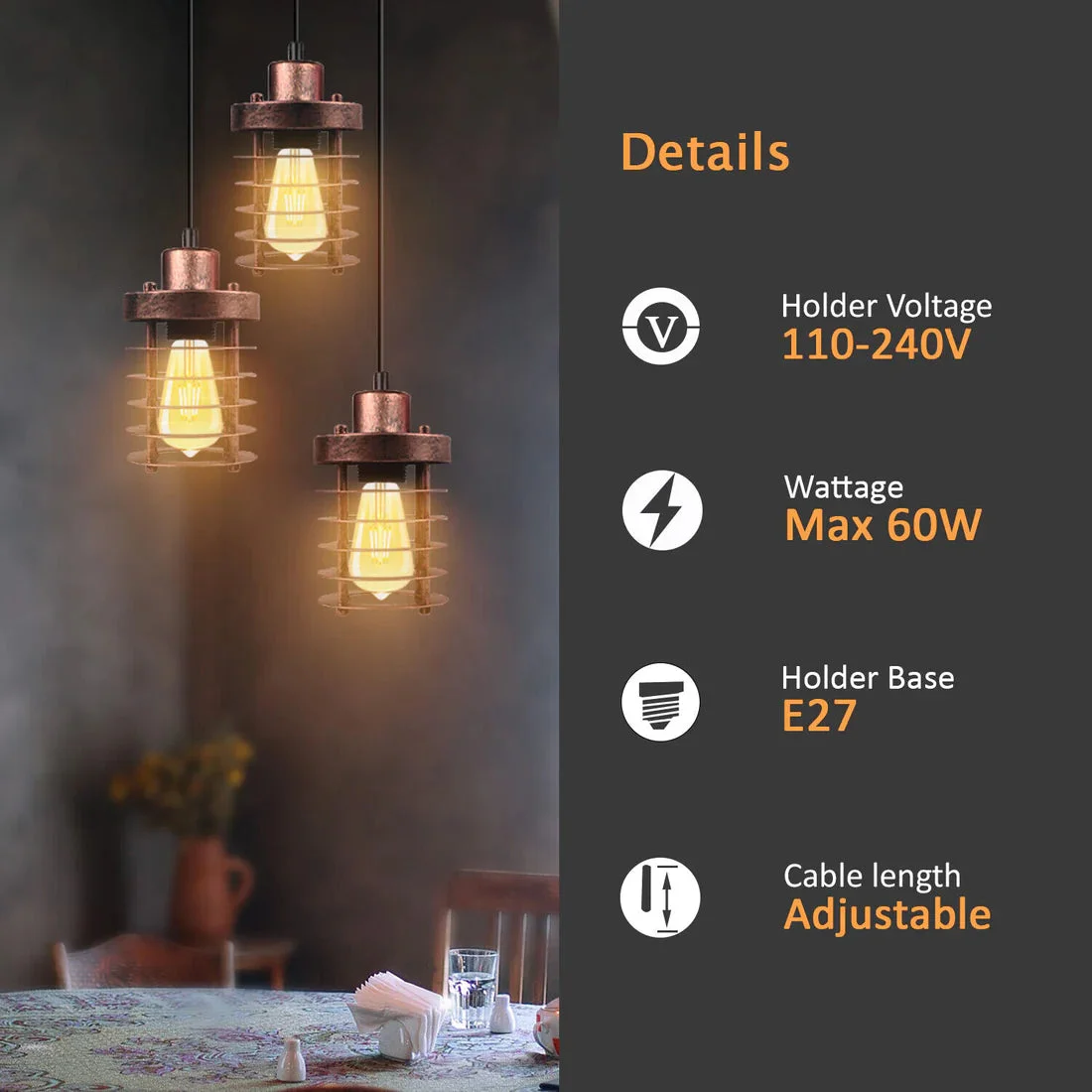 Black metal cage 3 light cluster pendant with adjustable cables hanging against a white background