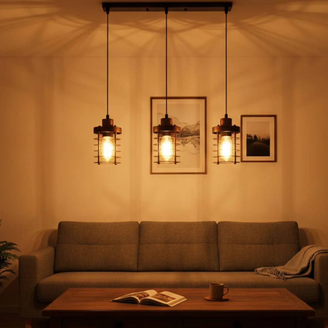 Three black metal cage adjustable height pendant lights with exposed bulbs hanging at varied lengths against a white background