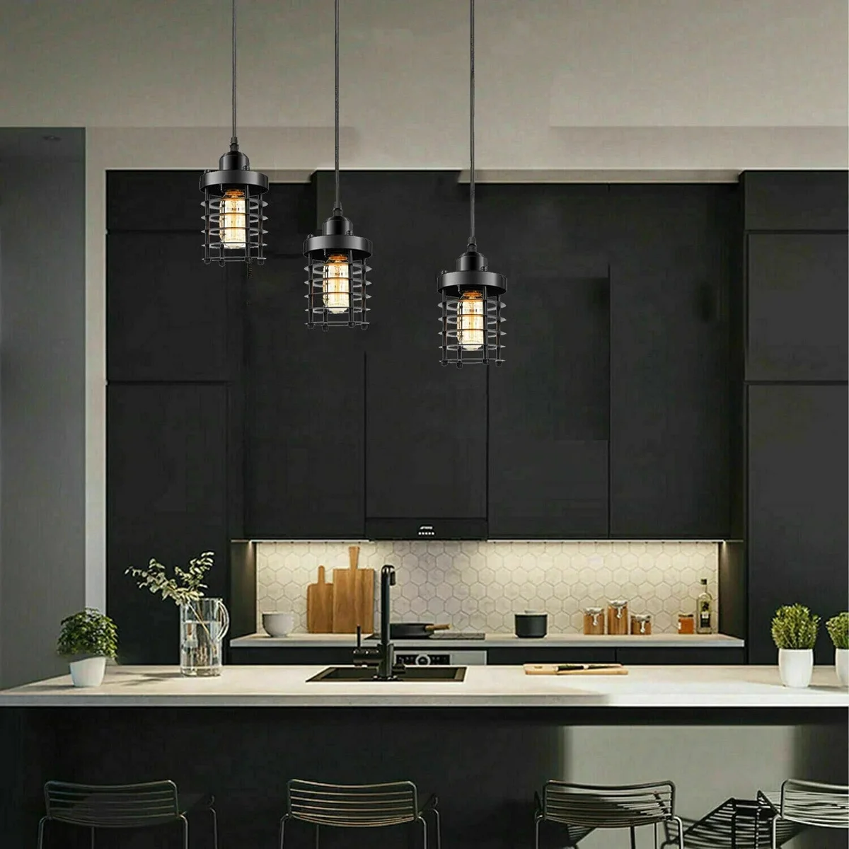 Industrial 3-way cylinder metal cage pendant with adjustable cables, ideal dimmable ceiling light for retro industrial decor