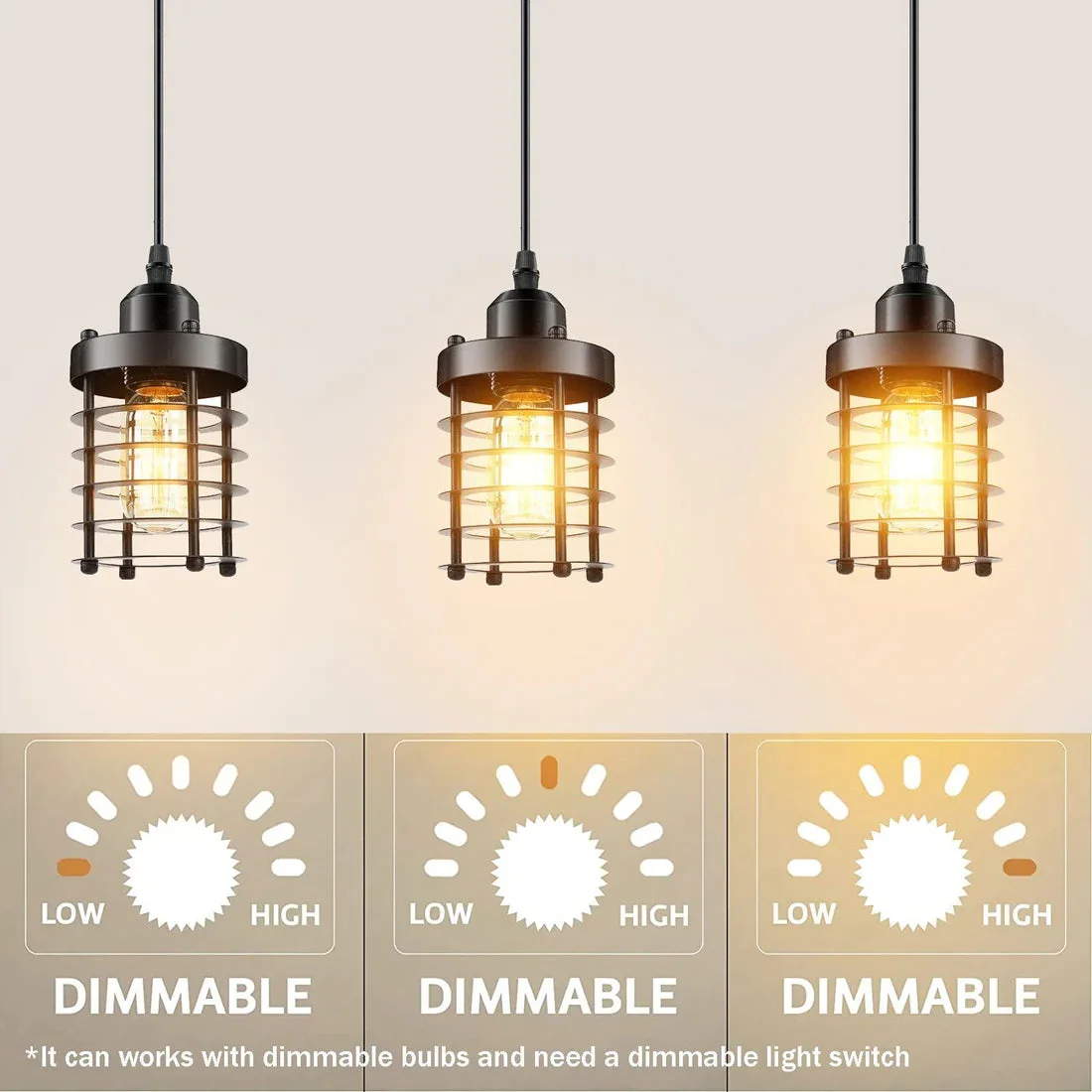 Three black cylinder metal cage pendant lights hanging at staggered heights showing retro industrial lighting style