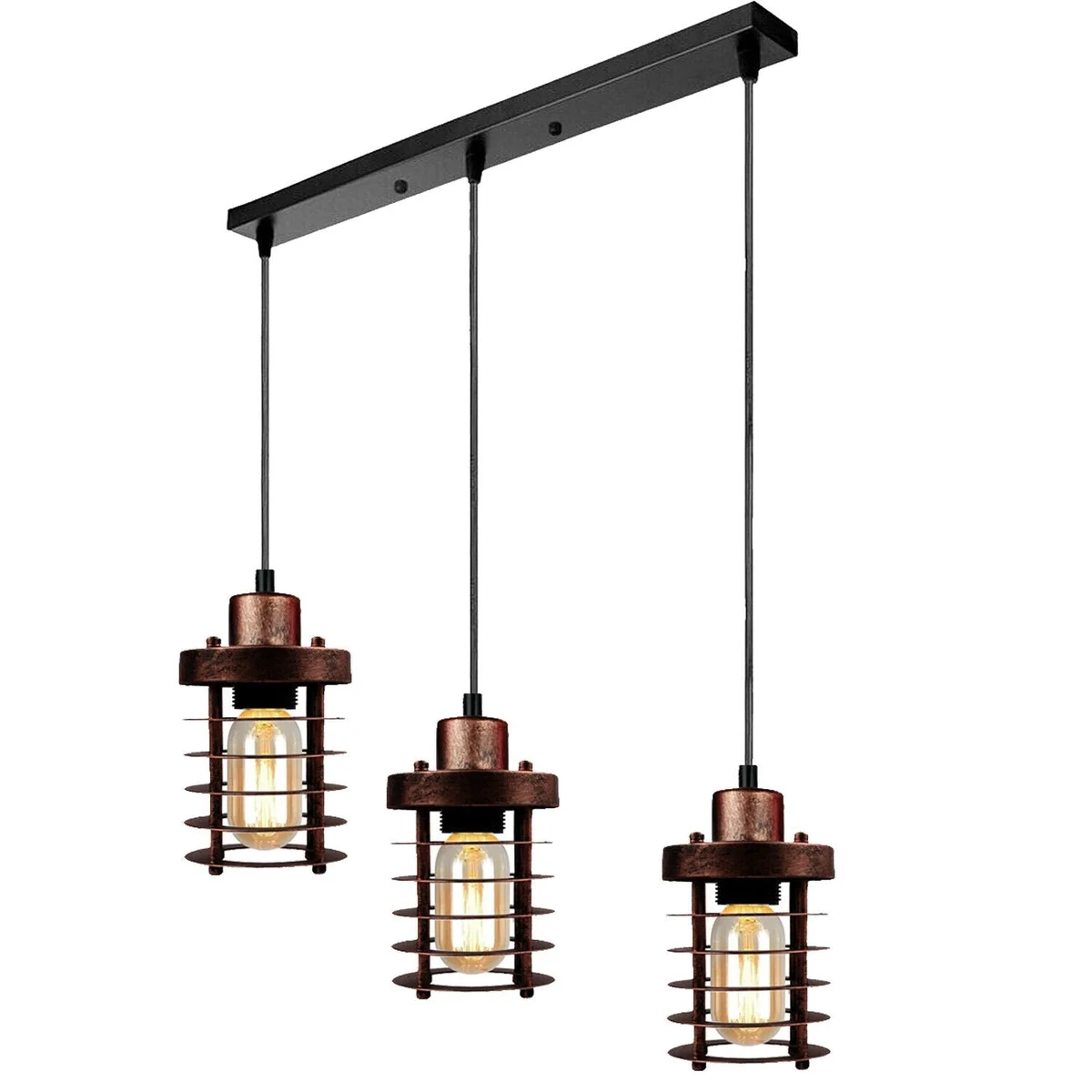 Black industrial pendant light with three adjustable cylinder metal cage shades hanging at staggered heights