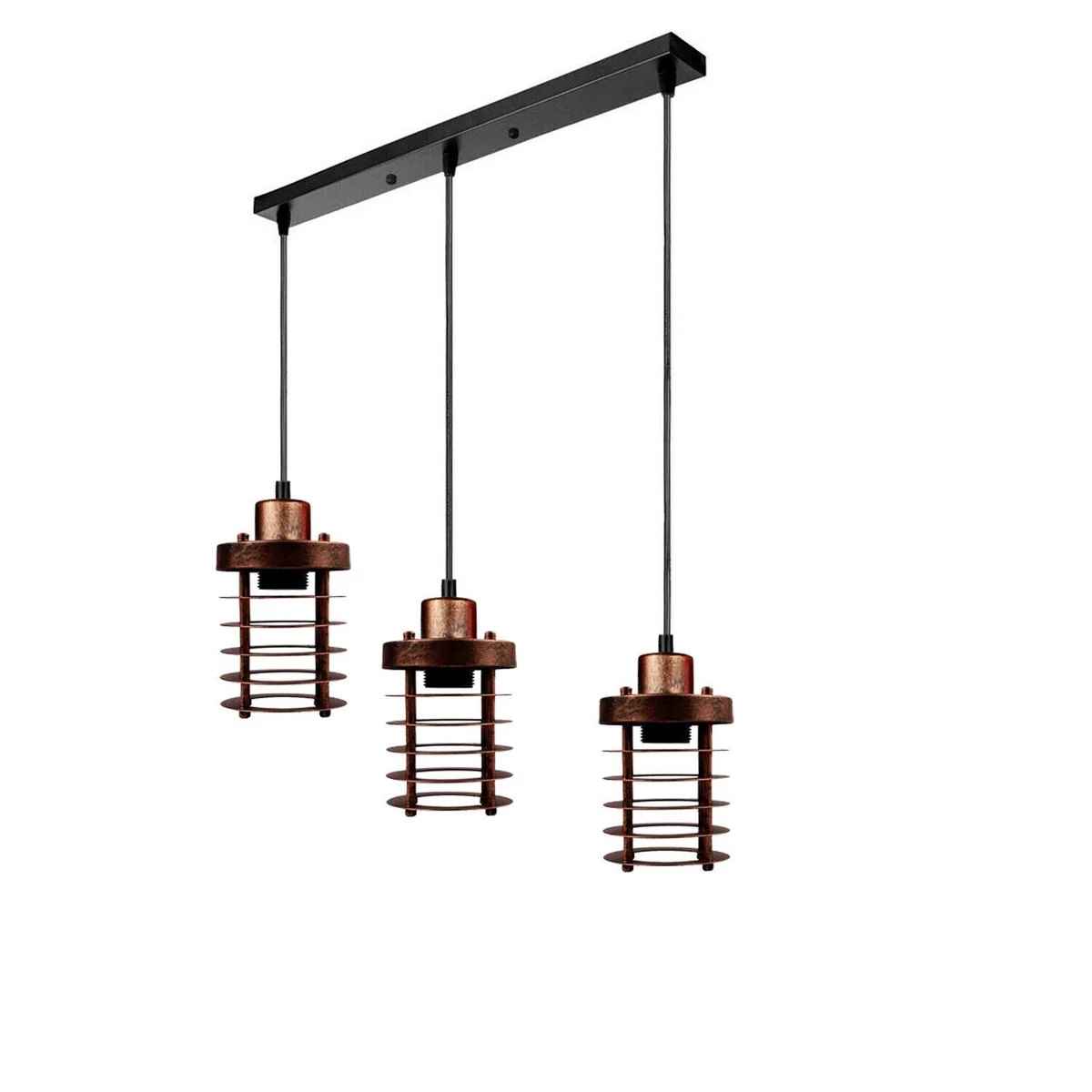Three black metal cage industrial pendant lights with adjustable cables hanging against a white background