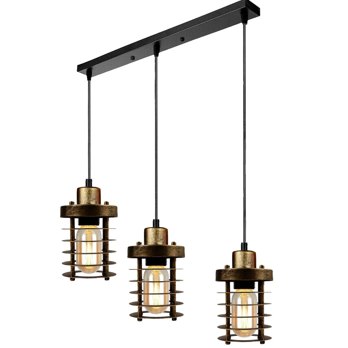 Three black cylinder metal cage industrial pendant lights with adjustable cables hanging against a white background
