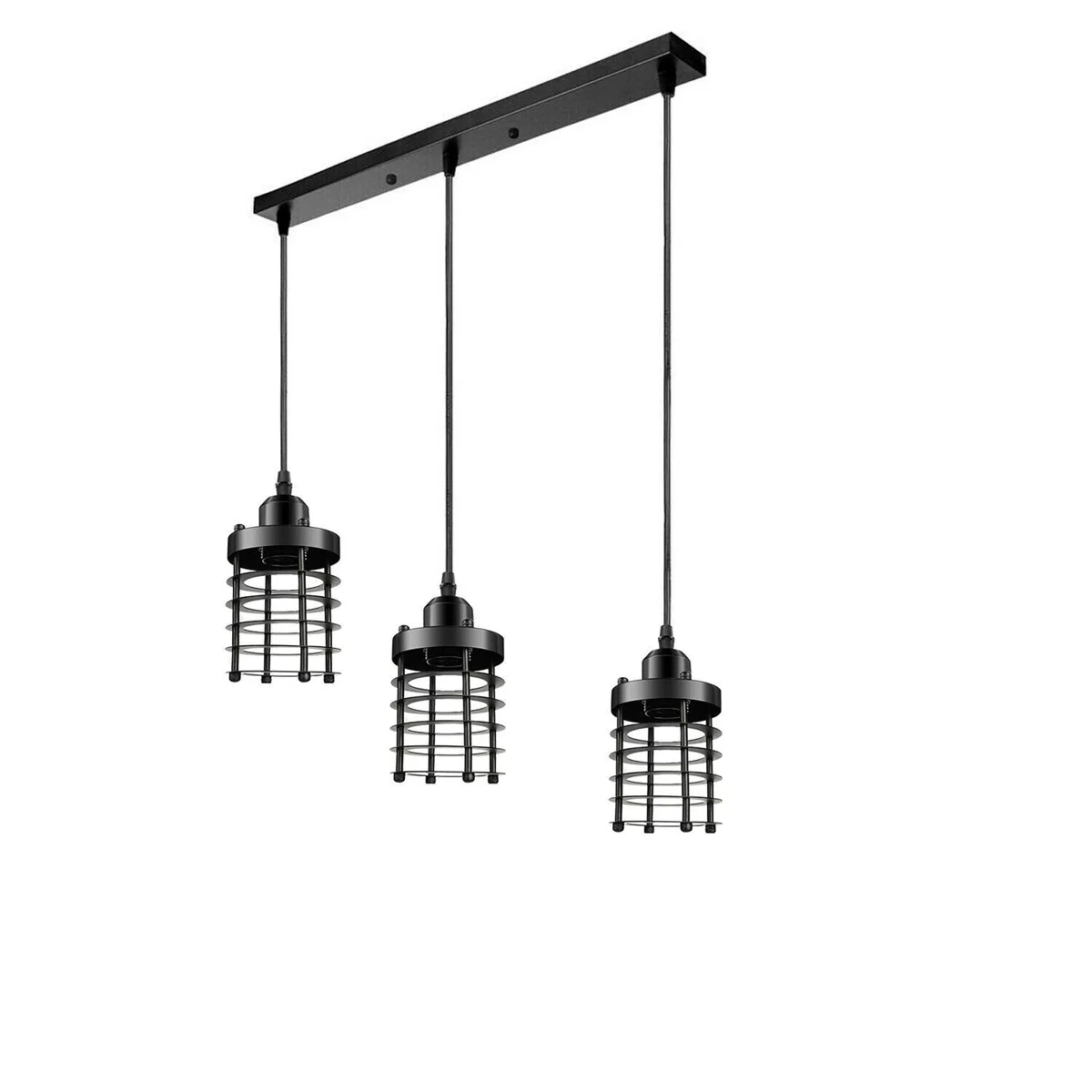 Three black metal cage industrial pendant lights with adjustable cables hanging against a white background