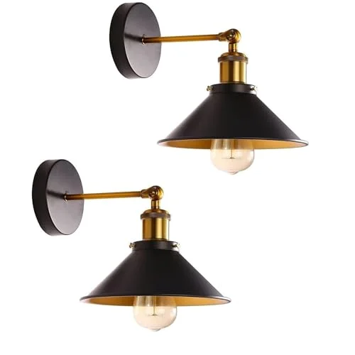 Two vintage-style industrial metal wall lights with adjustable cone-shaped shades mounted side-by-side on a wall