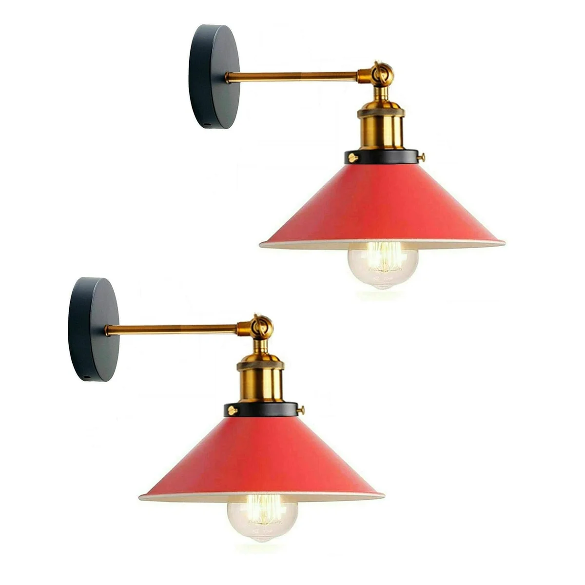 Pair of industrial metal wall lights with adjustable cone-shaped shades mounted on a white wall indoors
