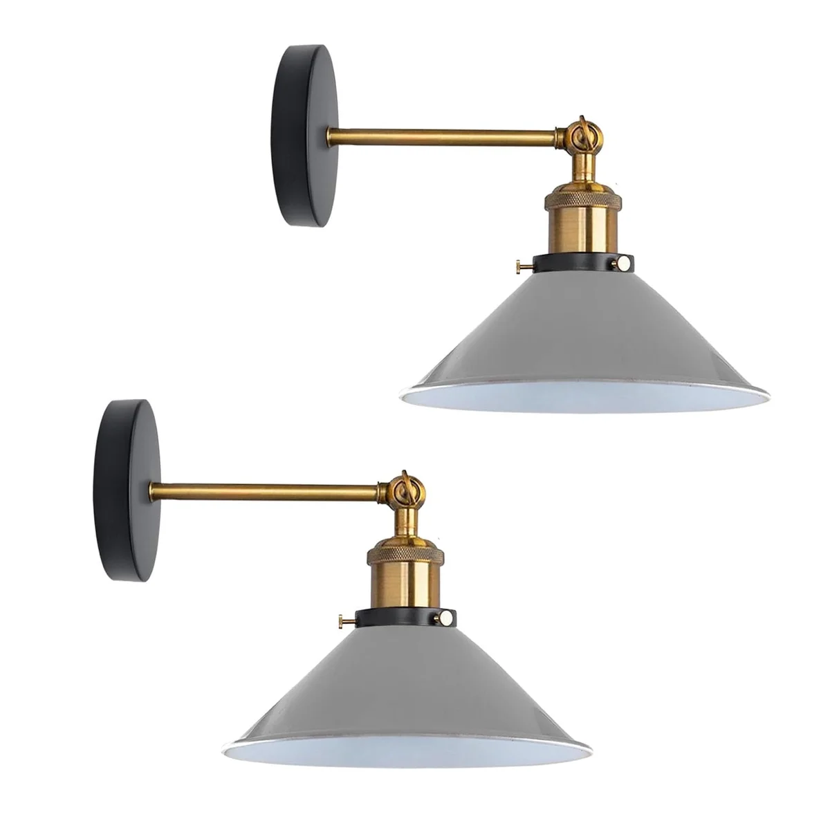 Two industrial metal wall lights with adjustable cone-shaped shades mounted side by side on a matte metal backplate