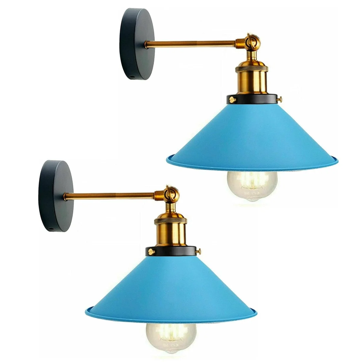 Two industrial metal wall lights with adjustable cone-shaped shades mounted side by side on a white wall