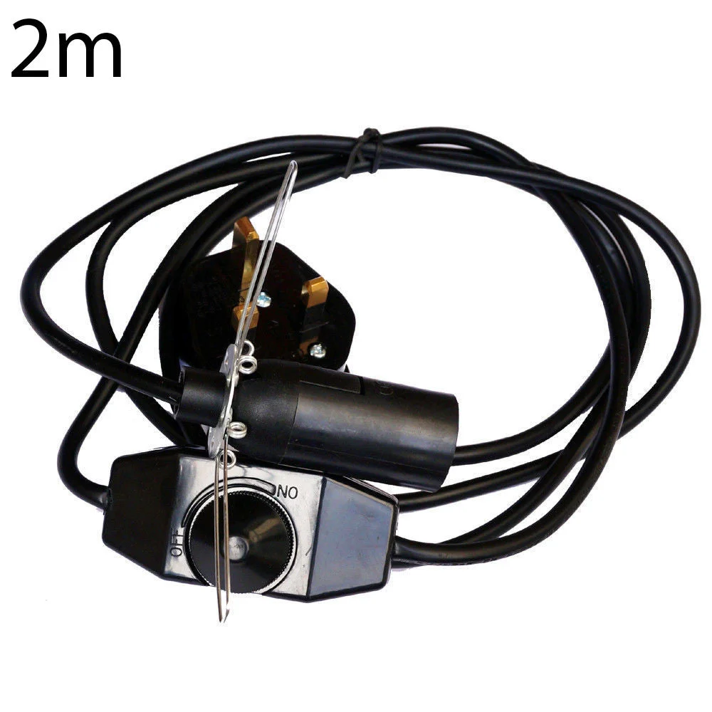Black vintage plug in lamp cord with E14 socket, dimmer switch, butterfly clip, and UK 3-pin plug on white background