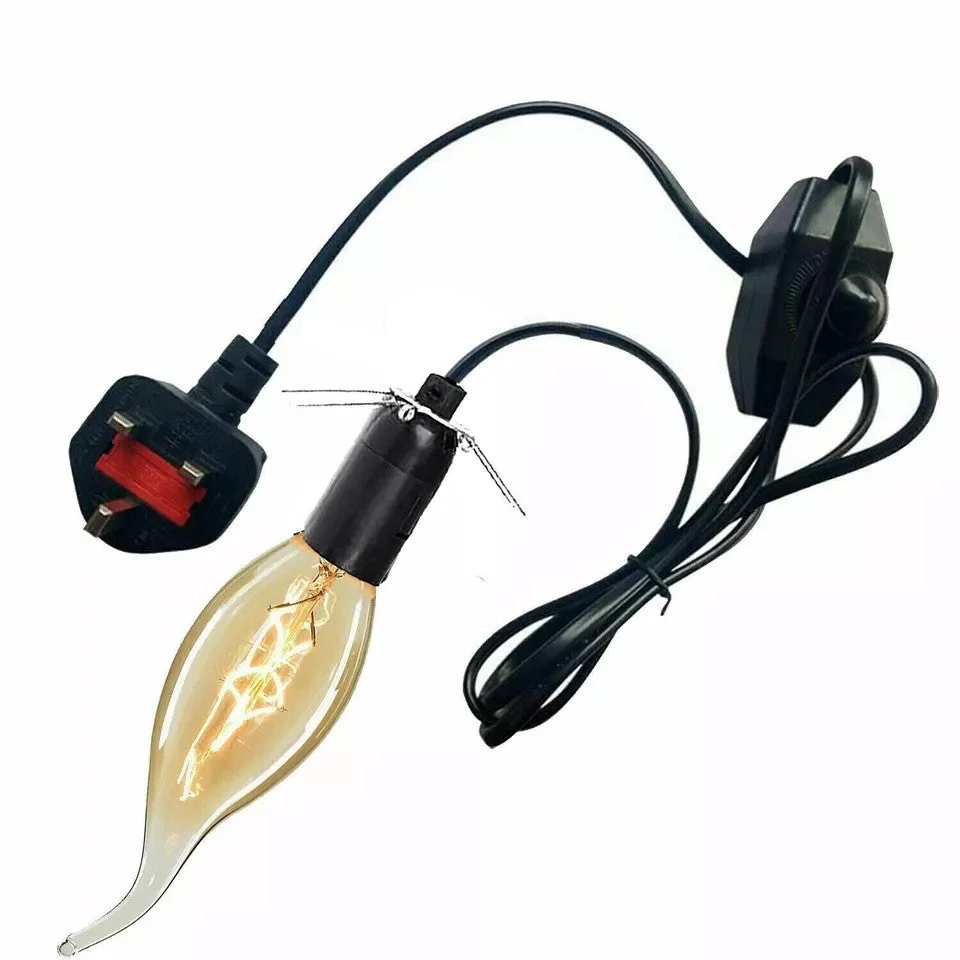 Black vintage E14 lamp cord with dimmer switch, butterfly clip, and UK 3-pin plug on white background