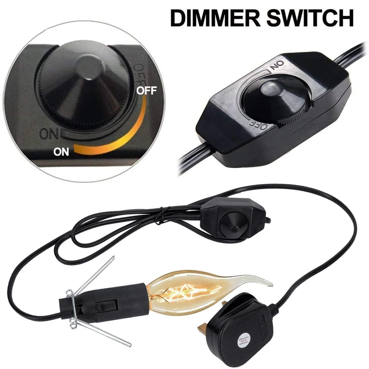 Black vintage lamp cord with dimmer, E14 socket, butterfly clip, and UK 3-pin plug on white background