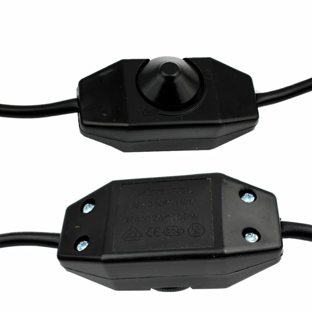 Black vintage adjustable dimmer lamp cord with E14 socket, butterfly clip, and UK 3-pin plug on white background