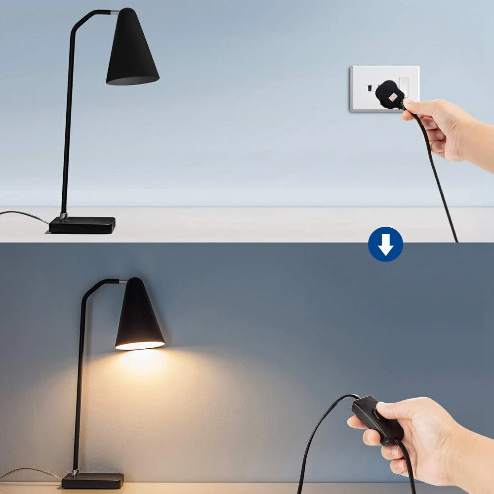 Black vintage plug in lamp cord with dimmer switch, butterfly clip, E14 socket, and UK 3-pin plug on white background