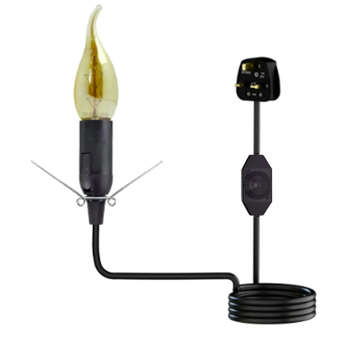 Black vintage plug in lamp cord with E14 socket, rotary dimmer switch, butterfly clip, and UK 3-pin plug on white background