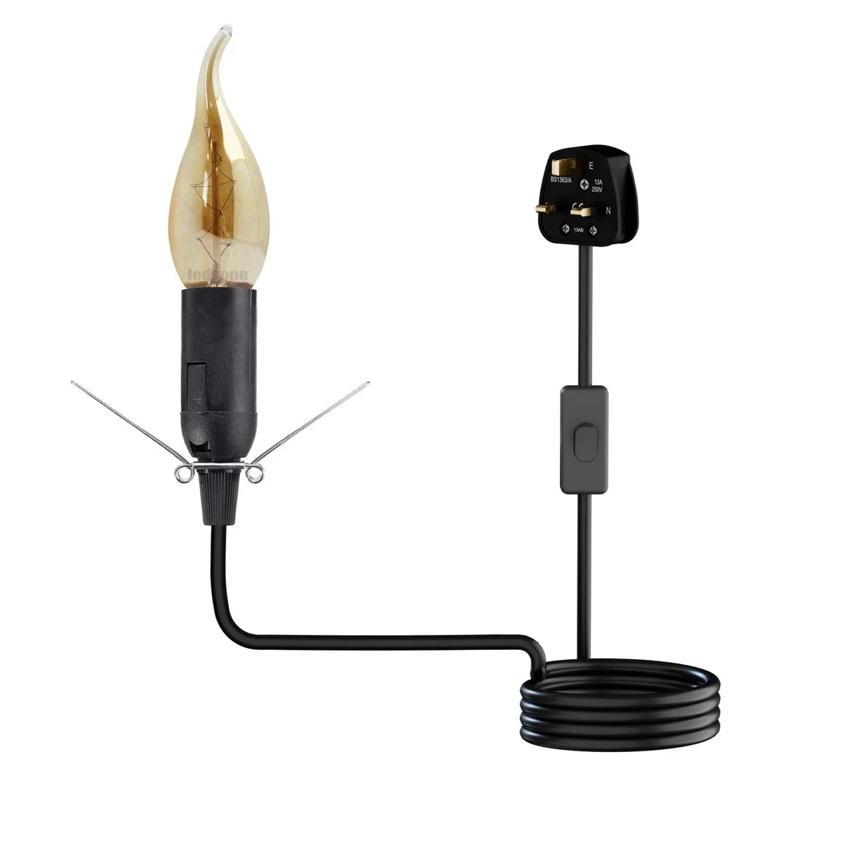 Black 2m lamp cord with E14 socket, butterfly clip, built-in on/off switch, and UK 3-pin plug for salt lamps