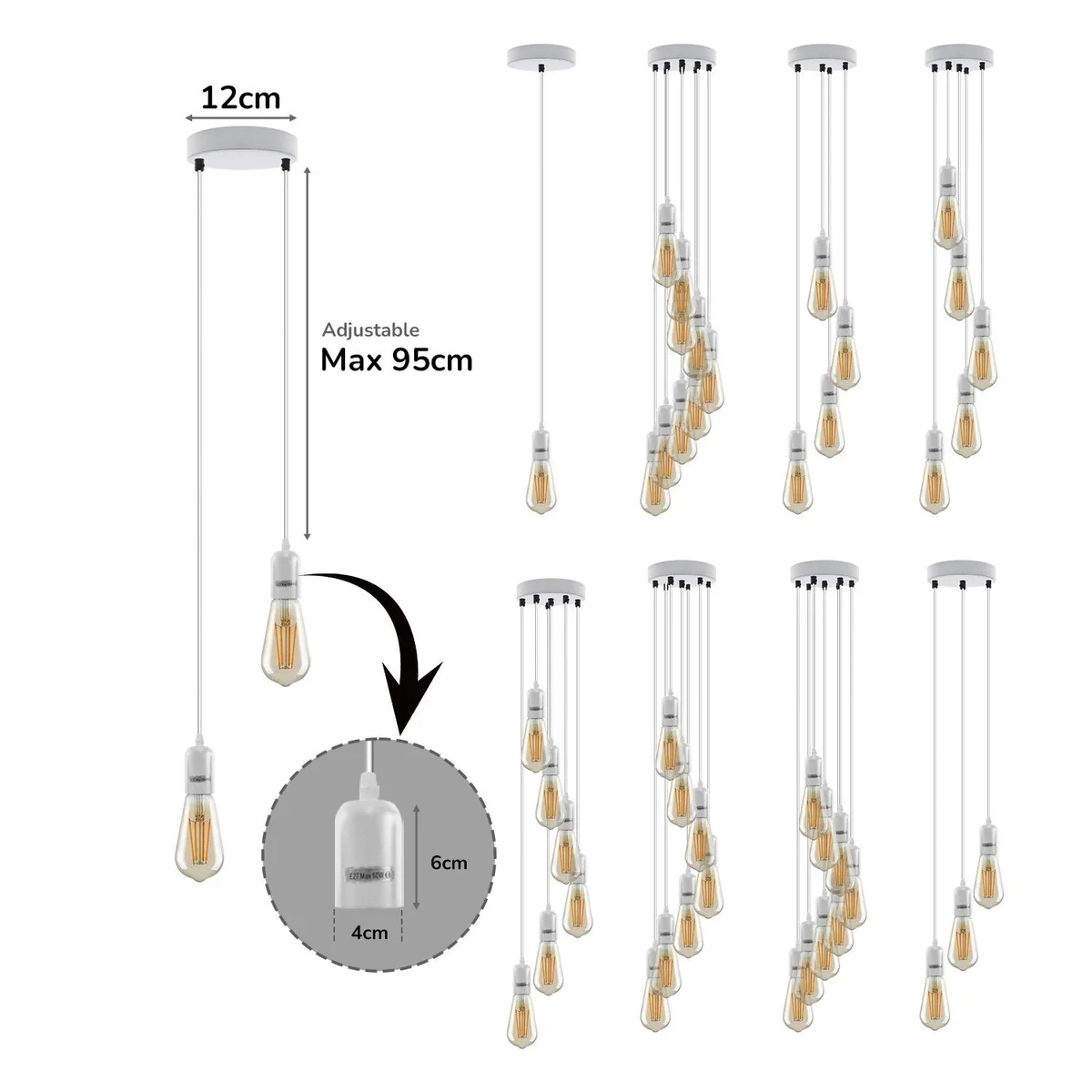 White modern ceiling lamp with single E27 socket, metal and PVC materials, hanging pendant style with 95 cm cable