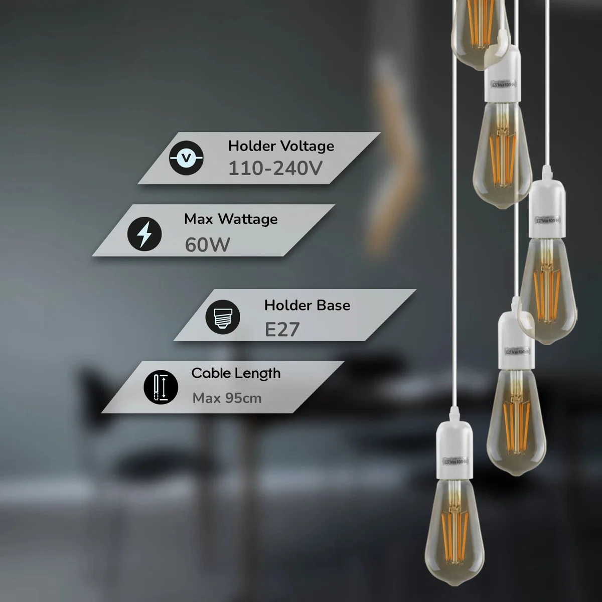 White multi-light pendant with E27 fittings, metal and PVC, shown with several hanging lamps in a cluster arrangement