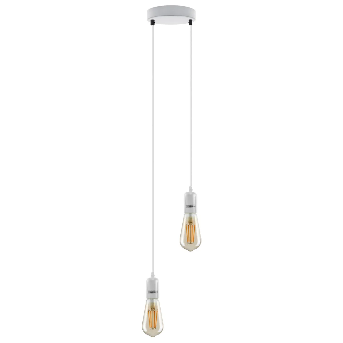 White modern dining room ceiling light with single E27 socket and 95 cm cable hanging from ceiling plate
