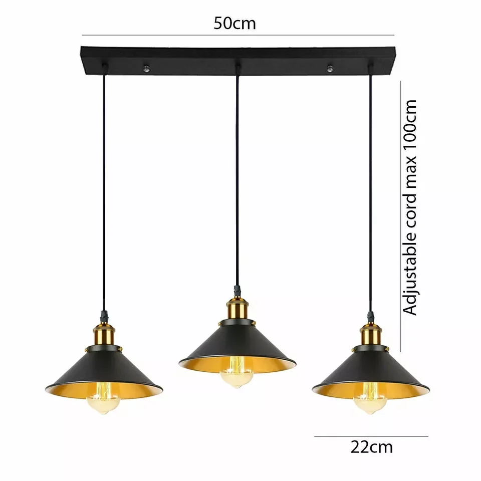 Black industrial 3 light pendant with adjustable hanging heights and rectangular metal shades, ideal for kitchen or dining areas