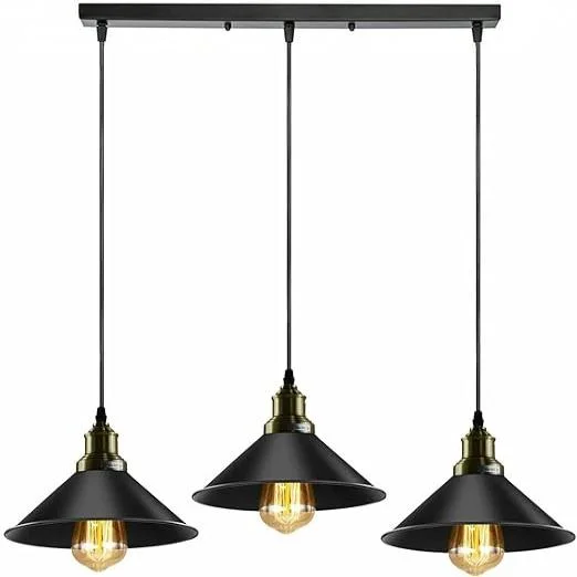 Three black industrial pendant lights hanging above a kitchen island lighting setup with adjustable heights and metal shades