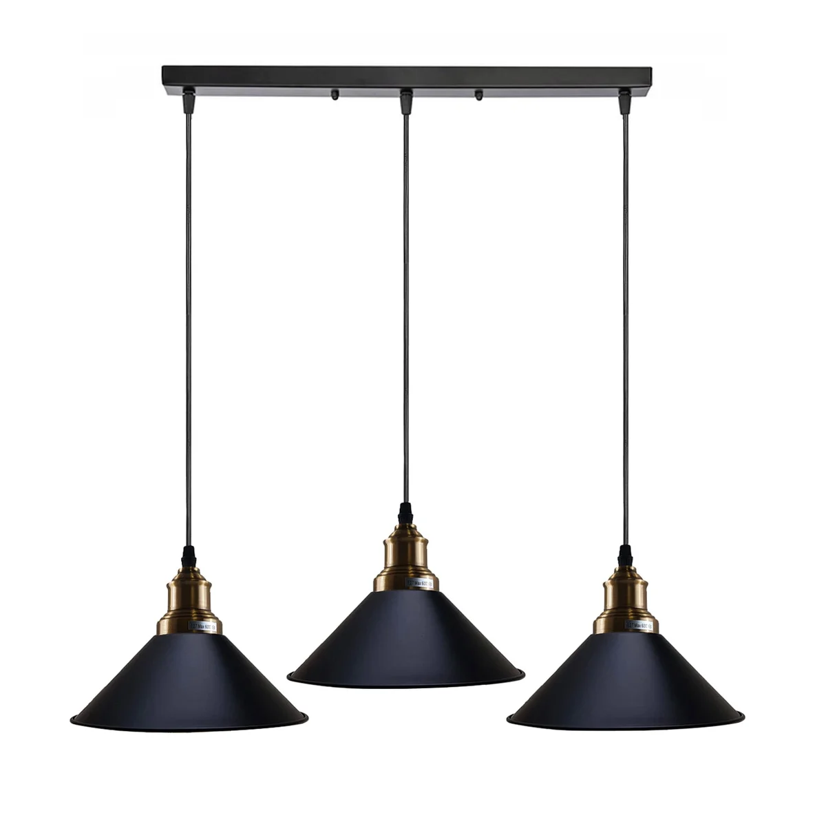 Three black industrial pendant lights with adjustable hanging heights, ideal dimmable ceiling light for dining areas