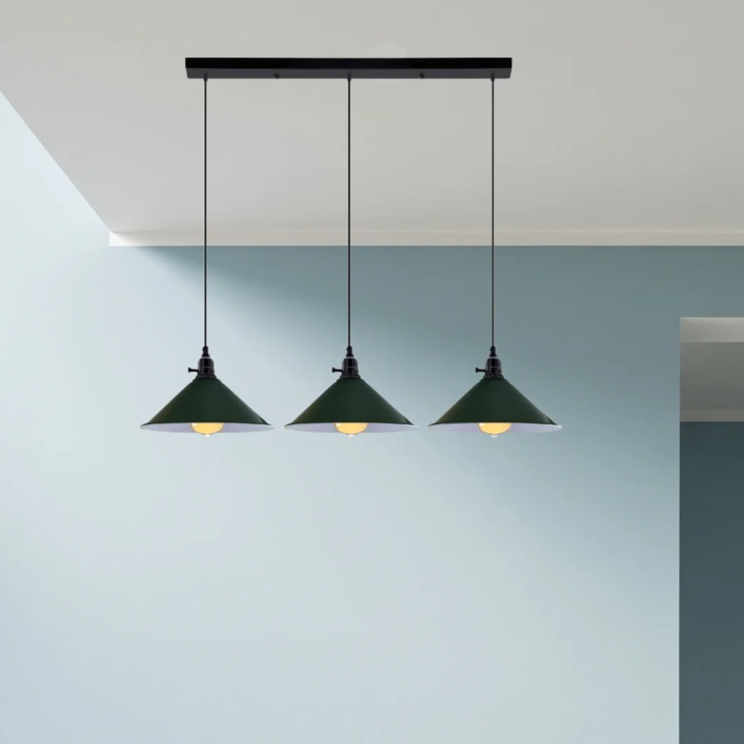 Modern 3 light pendant ceiling light with three metal cone shades hanging from adjustable PVC cables and a fluming switch