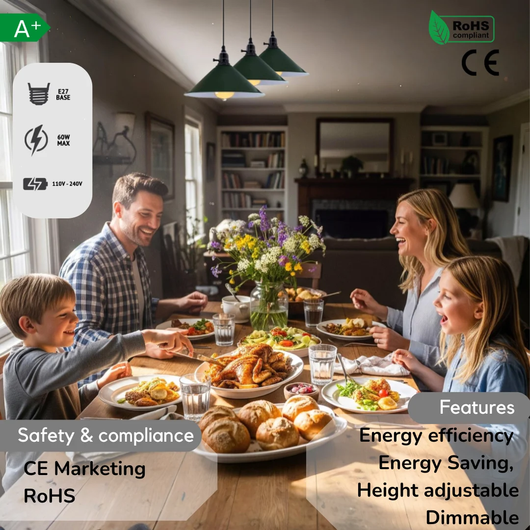 Retro vintage pendant light with three metal cone shades hanging from adjustable PVC cables over kitchen island